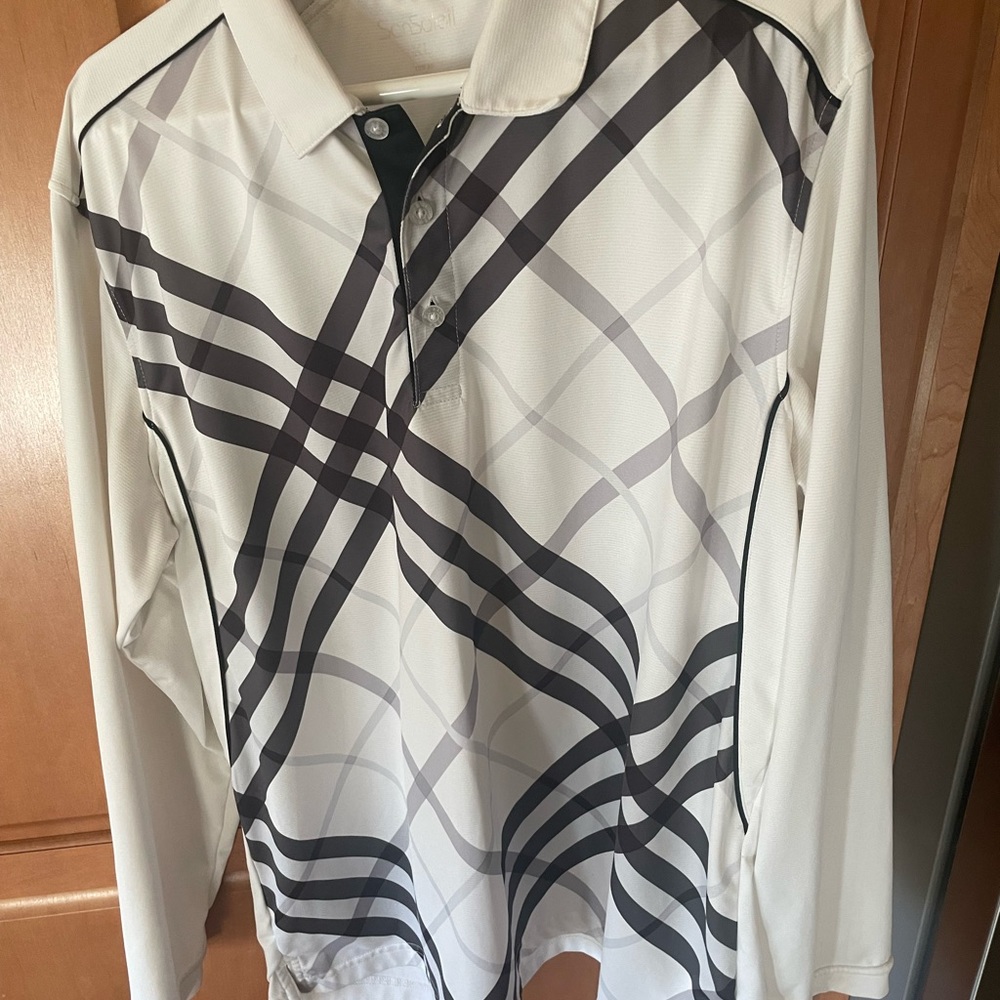 SANSOLEIL MEN'S SOLTEK ICE LONG SLEEVE BUTTON POLO. WHITE AND INK STRIPE -